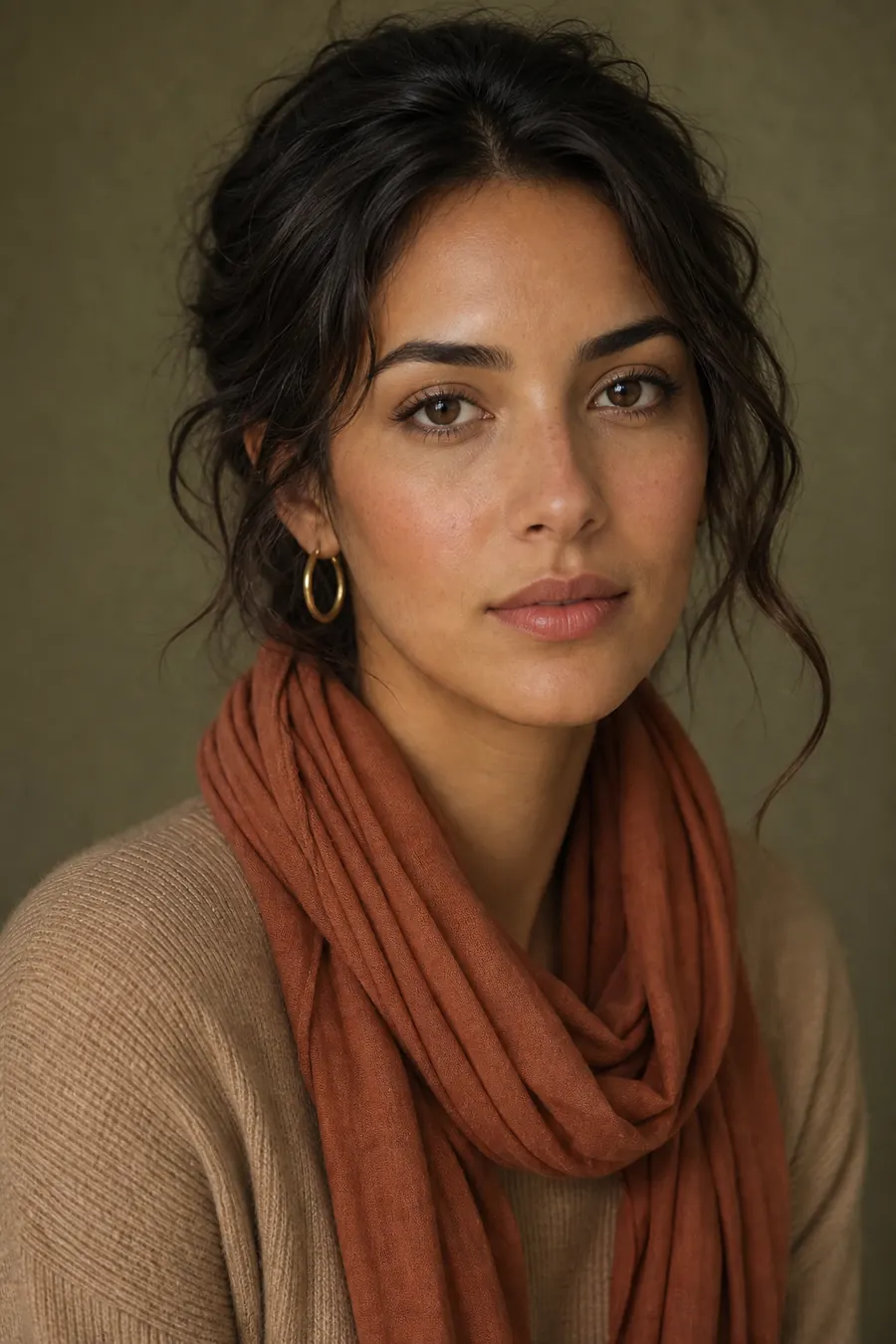 Olive skin tone wearing camel and terracotta, Soft Autumn color analysis